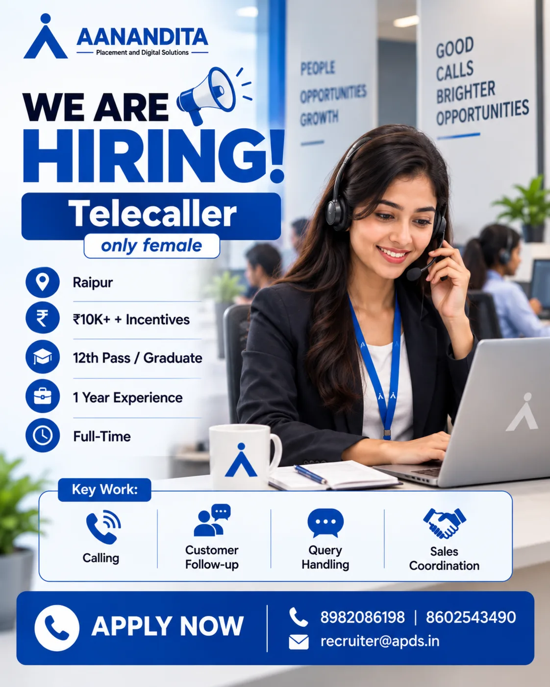 Female Telecaller job vacancy in Raipur with full-time hiring by APDS