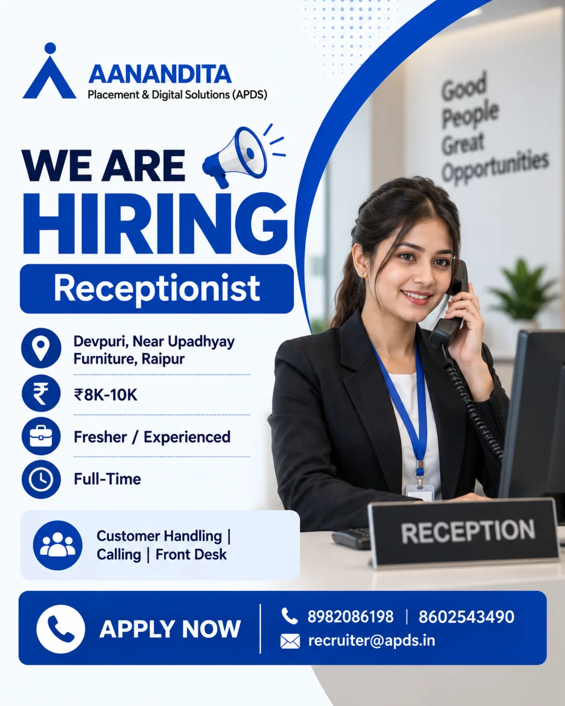 Receptionist job vacancy in Raipur near Devpuri for fresher and experienced candidates by APDS