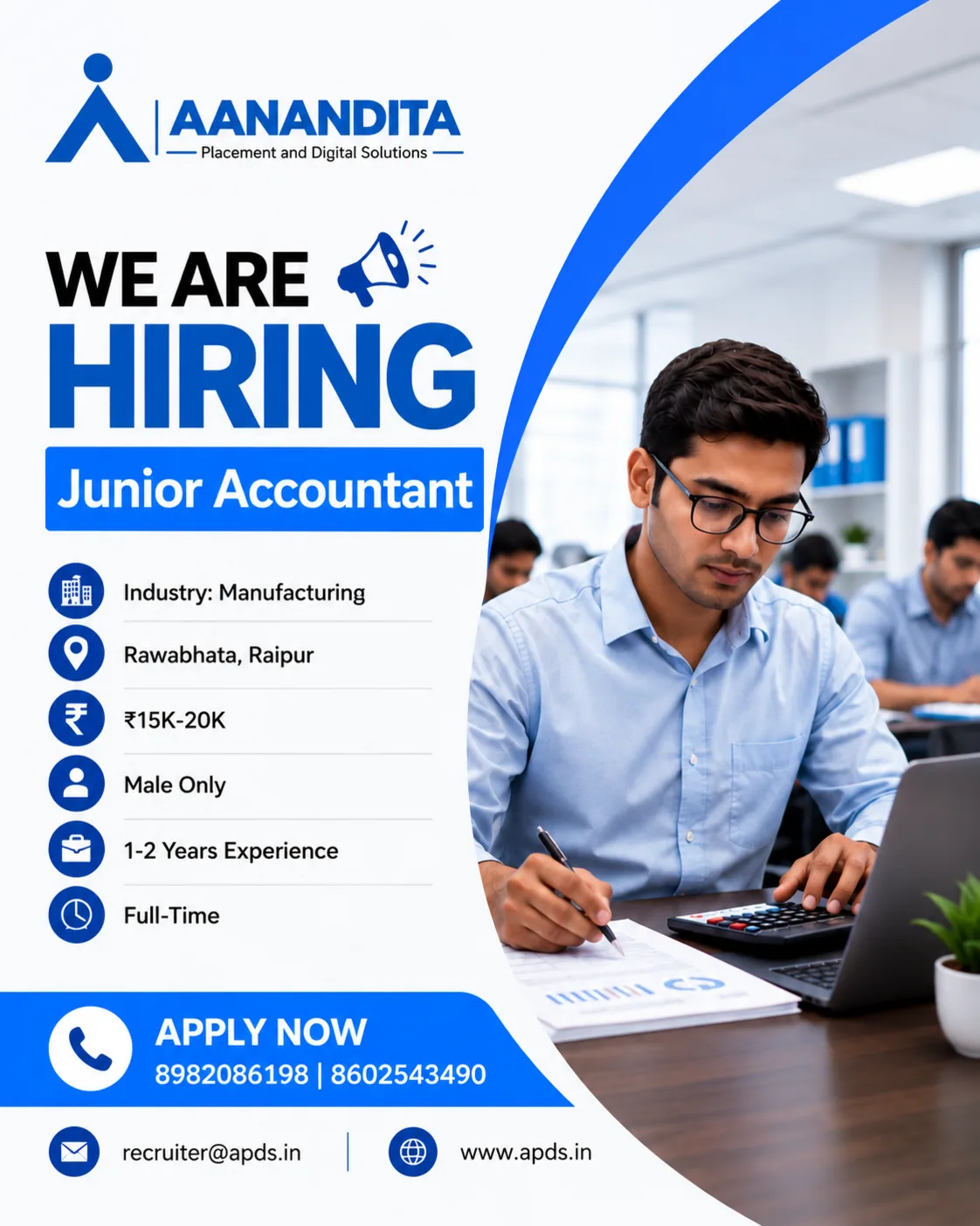 Junior Accountant job vacancy in Rawabhata Raipur for manufacturing industry hiring by APDS