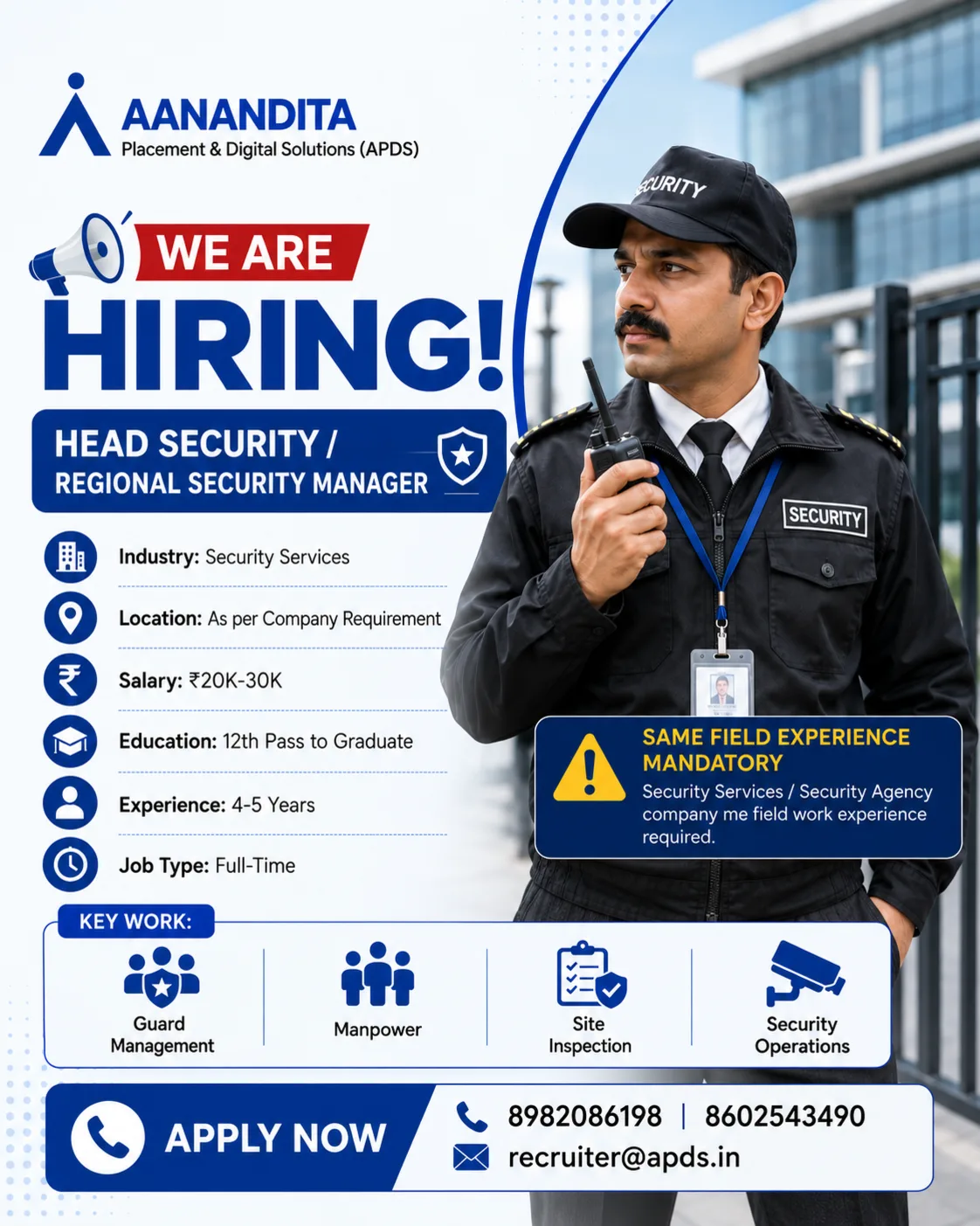 Head Security Regional Security Manager job opening in Raipur for security services by APDS