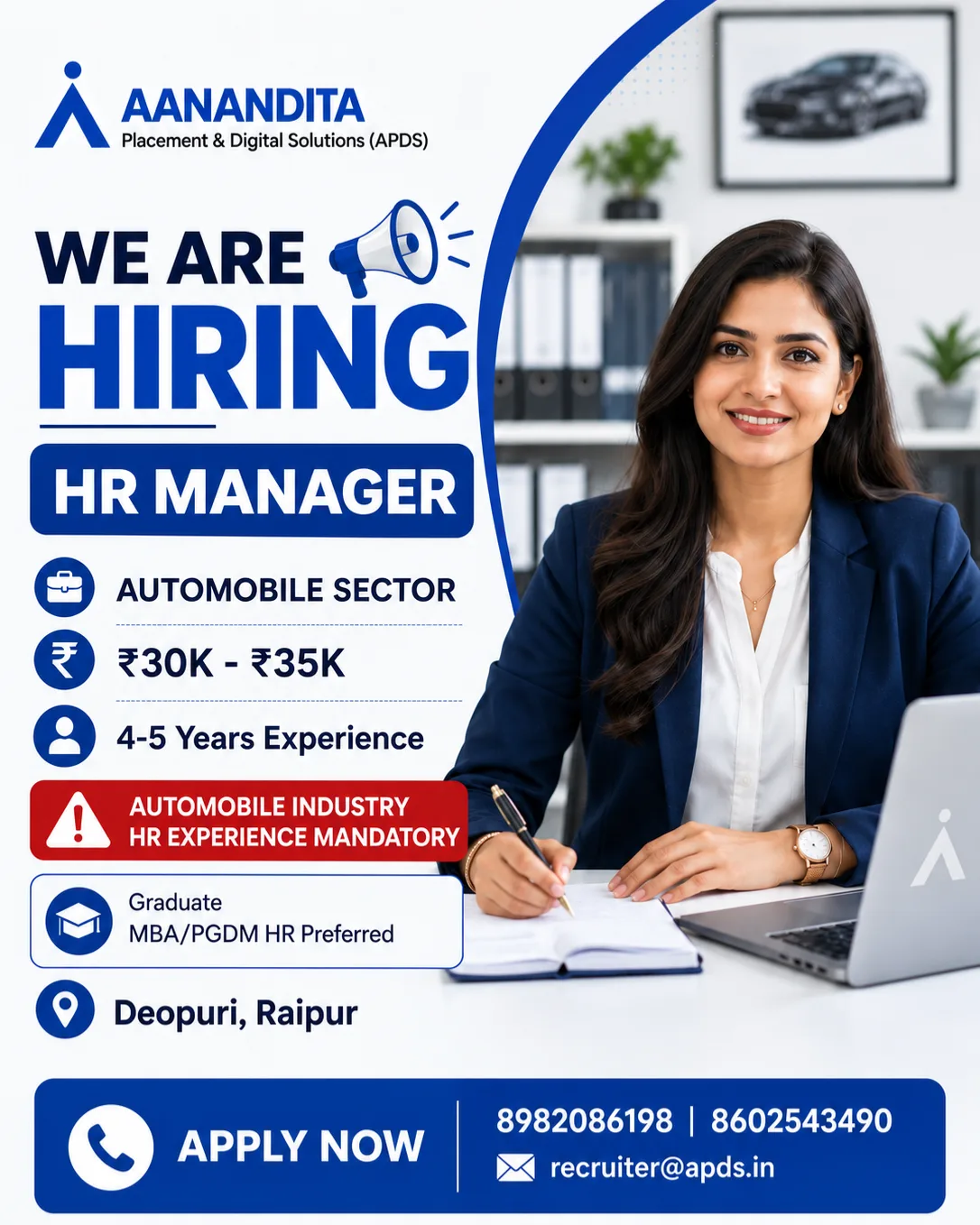 HR Manager job vacancy in Deopuri Raipur for automobile industry hiring by APDS